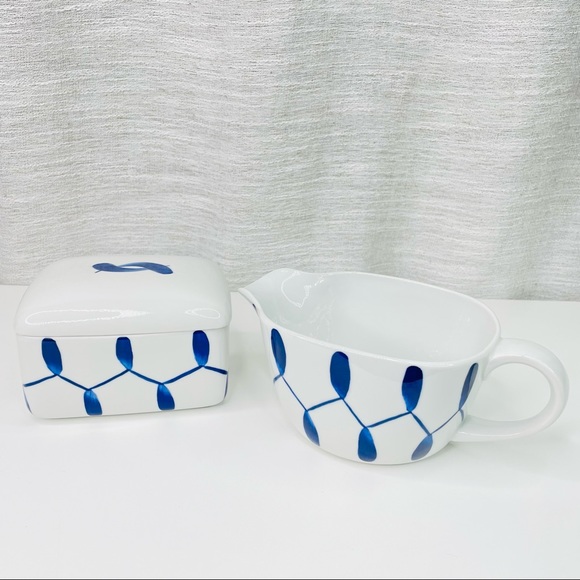 Vtg 60's Mid Century Lyngby Porcelain Denmark Blue White Butter Box Sauce Set - Picture 1 of 11